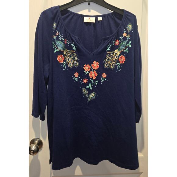 Quacker Factory Embroidered Peacock Shirt Embellished Top blue Women’s Plus 1X - Picture 1 of 6